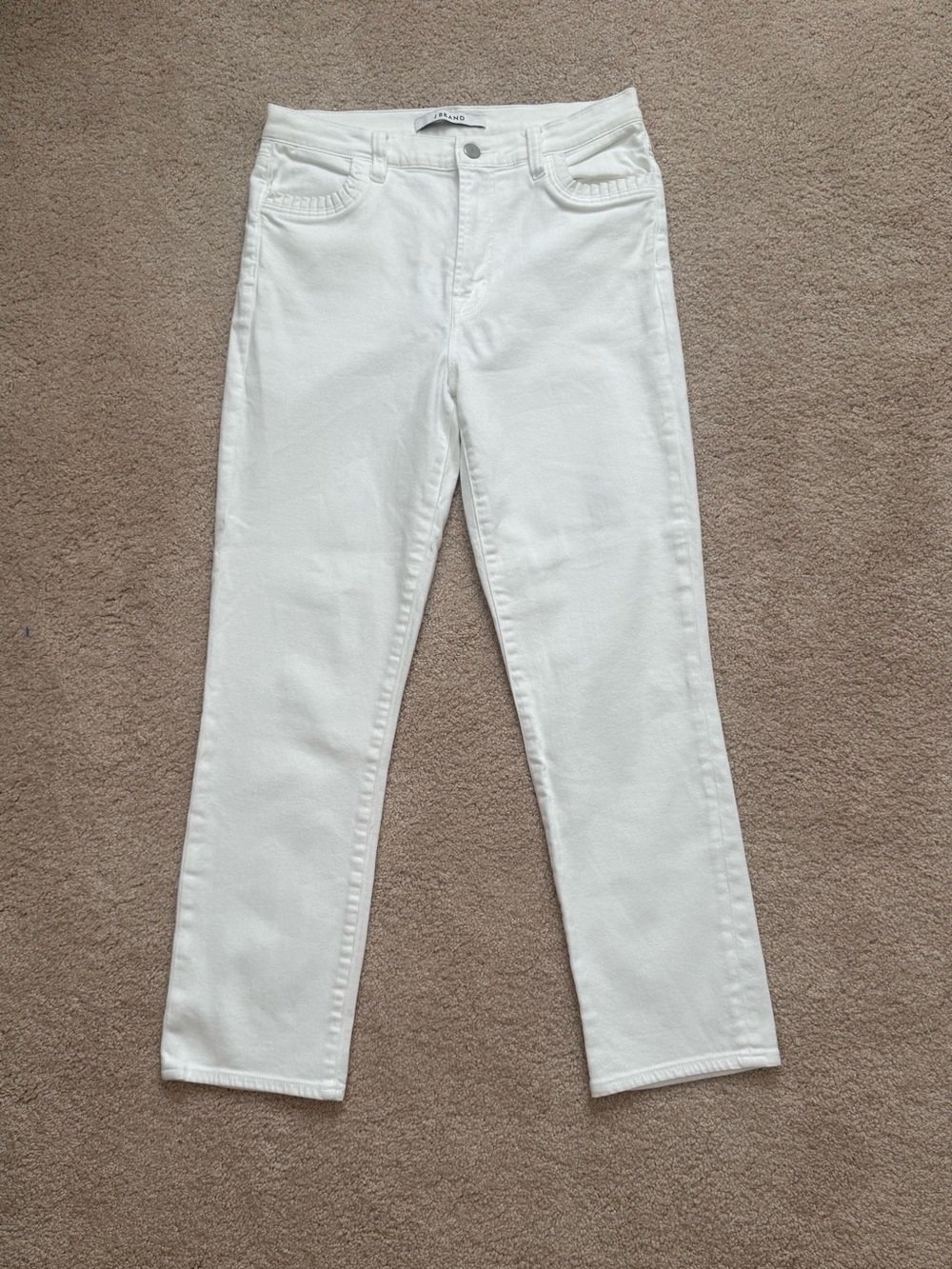 J Brand White Straight Leg Jeans Size 28 Mid Rise Ruffle Pocket Detail USA Made